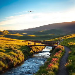 A serene landscape with rolling hills under a clear blue sky