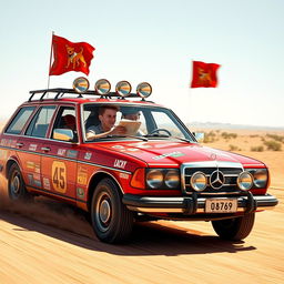 A hyper-realistic scene of wild Australian outback racing featuring a 1980s red Mercedes wagon covered in a lot of rally stickers