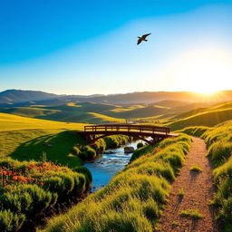 A serene landscape with rolling hills under a clear blue sky