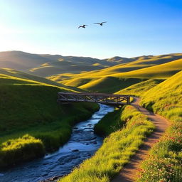 A serene landscape with rolling hills under a clear blue sky