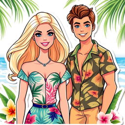 Barbie and Ken from the 2023 movie, styled as an illustration sticker and cake topper with a summer tropical theme