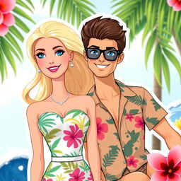 Barbie and Ken from the 2023 movie, styled as an illustration sticker and cake topper with a summer tropical theme