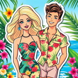 Barbie and Ken from the 2023 movie, styled as an illustration sticker and cake topper with a summer tropical theme