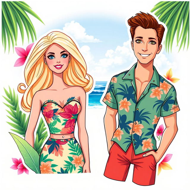 Barbie and Ken from the 2023 movie, styled as an illustration sticker and cake topper with a summer tropical theme