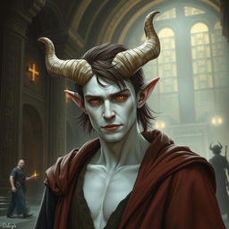 A Tiefling cleric with extremely white skin, featuring mullet style horns, short brown hair, and brown eyes