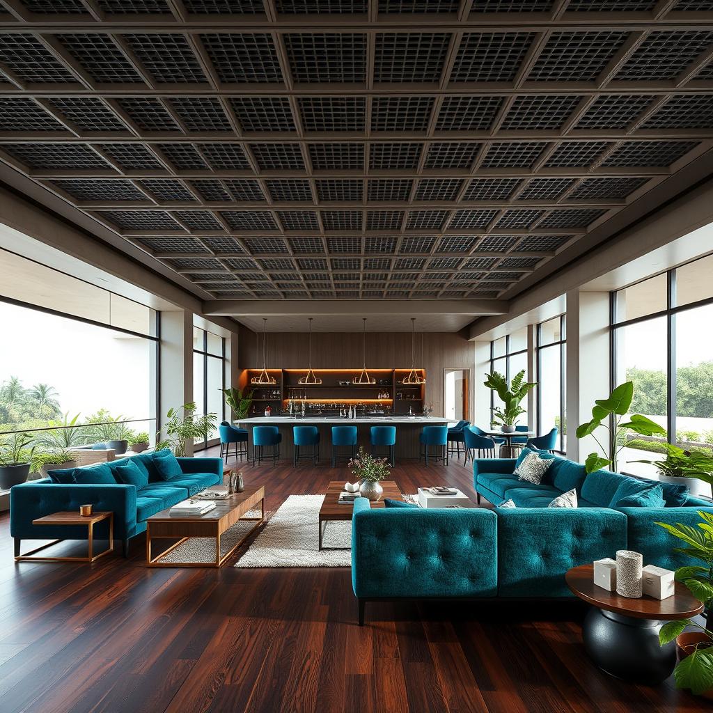 A realistic interior design of a modern open-space living area and terrace