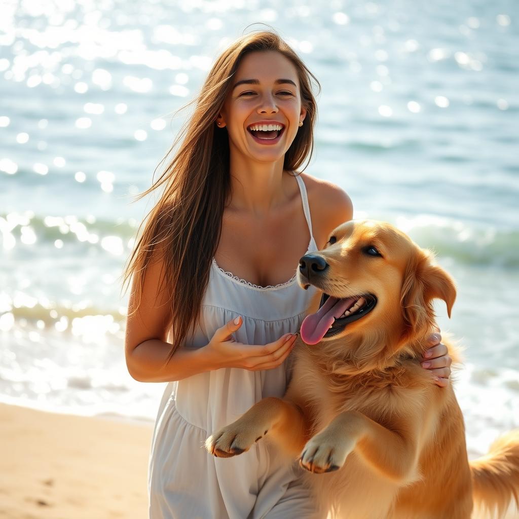 a portrait of a woman with a golden retriever on a sunlit beach, capturing the essence of happiness and the bond between humans and dogs