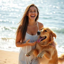 a portrait of a woman with a golden retriever on a sunlit beach, capturing the essence of happiness and the bond between humans and dogs