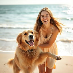 a portrait of a woman with a golden retriever on a sunlit beach, capturing the essence of happiness and the bond between humans and dogs