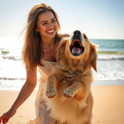 a portrait of a woman with a golden retriever on a sunlit beach, capturing the essence of happiness and the bond between humans and dogs