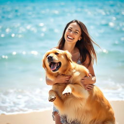 a portrait of a woman with a golden retriever on a sunlit beach, capturing the essence of happiness and the bond between humans and dogs