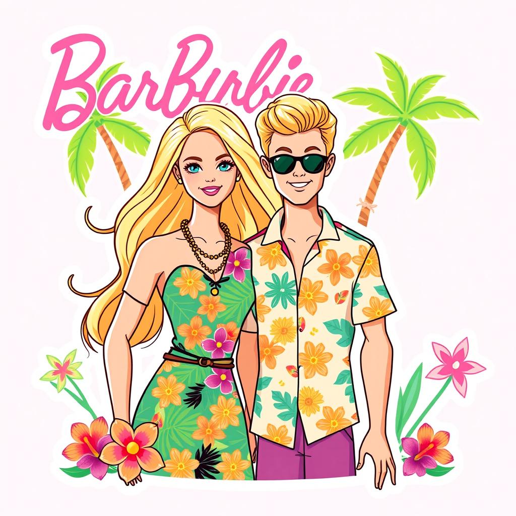 Barbie and Ken from the 2023 movie, styled as an illustration sticker and cake topper with a summer tropical theme