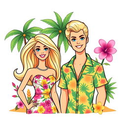 Barbie and Ken from the 2023 movie, styled as an illustration sticker and cake topper with a summer tropical theme