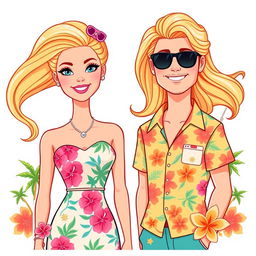 Barbie and Ken from the 2023 movie, styled as an illustration sticker and cake topper with a summer tropical theme