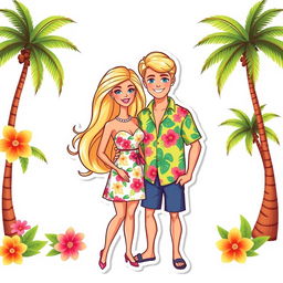 Barbie and Ken from the 2023 movie, styled as an illustration sticker and cake topper with a summer tropical theme