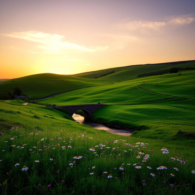 A serene countryside at sunrise, with rolling hills covered in lush green grass, a small stream meandering through the landscape, and a quaint stone bridge crossing the stream