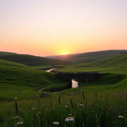 A serene countryside at sunrise, with rolling hills covered in lush green grass, a small stream meandering through the landscape, and a quaint stone bridge crossing the stream