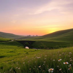 A serene countryside at sunrise, with rolling hills covered in lush green grass, a small stream meandering through the landscape, and a quaint stone bridge crossing the stream