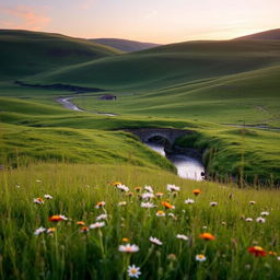 A serene countryside at sunrise, with rolling hills covered in lush green grass, a small stream meandering through the landscape, and a quaint stone bridge crossing the stream