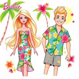 Barbie and Ken from the 2023 movie, styled as full-body illustration stickers and cake toppers with a summer tropical theme