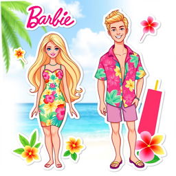 Barbie and Ken from the 2023 movie, styled as full-body illustration stickers and cake toppers with a summer tropical theme