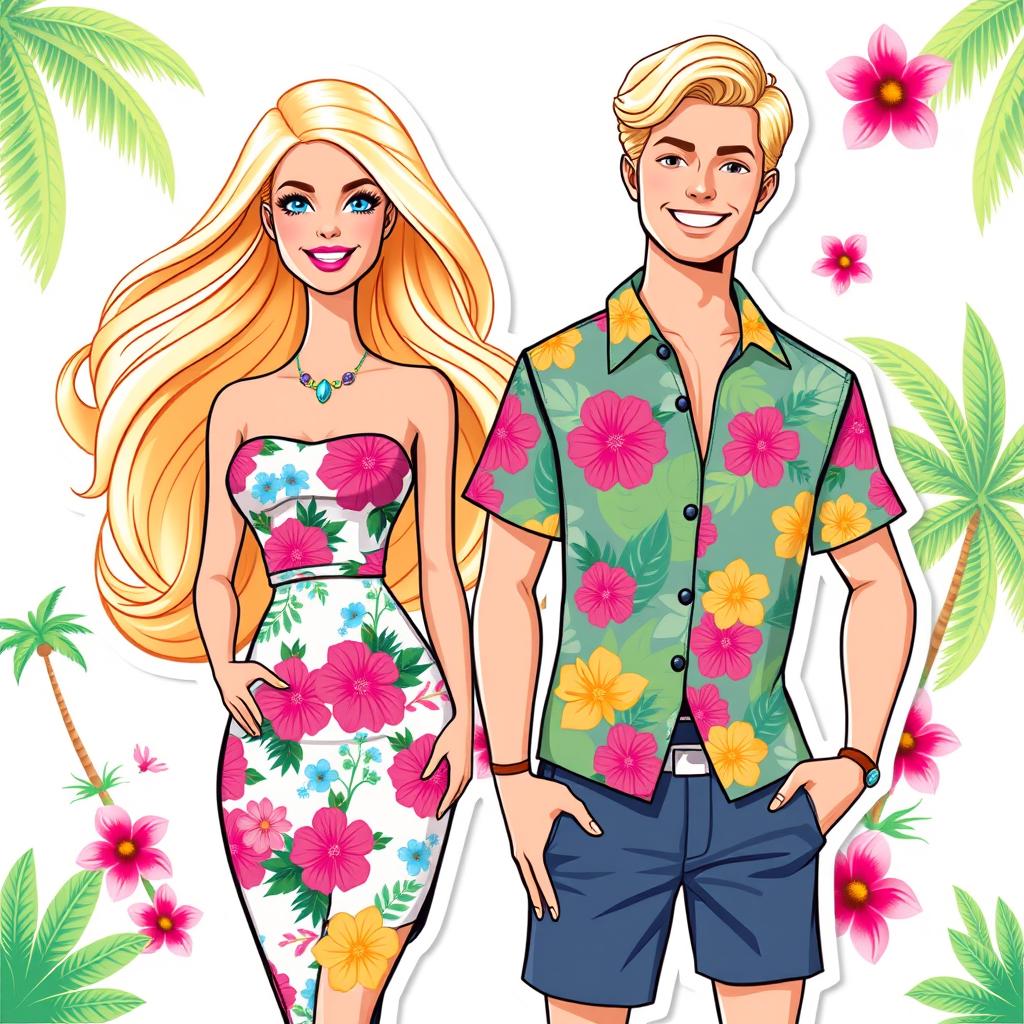 Barbie and Ken from the 2023 movie, styled as full-body illustration stickers and cake toppers with a summer tropical theme