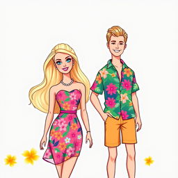 Barbie and Ken from the 2023 movie, styled as full-body illustration stickers and cake toppers with a summer tropical theme