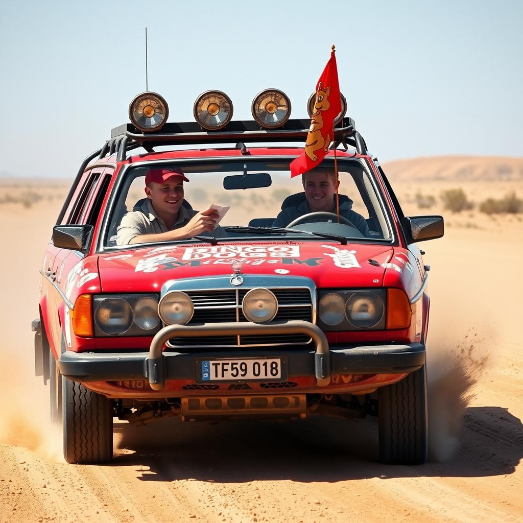 A hyper-realistic scene of wild Australian outback racing featuring a 1980s red Mercedes wagon covered in a lot of rally stickers