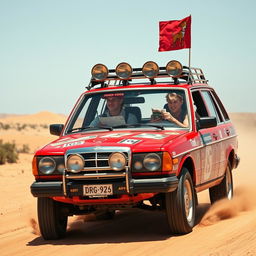 A hyper-realistic scene of wild Australian outback racing featuring a 1980s red Mercedes wagon covered in a lot of rally stickers