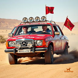 A hyper-realistic scene of wild Australian outback racing featuring a 1980s red Mercedes wagon covered in a lot of rally stickers