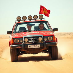 A hyper-realistic scene of wild Australian outback racing featuring a 1980s red Mercedes wagon covered in a lot of rally stickers