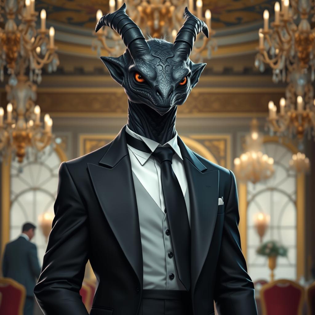 A creature named Balgura, depicted as a mystical entity, wearing a black formal suit