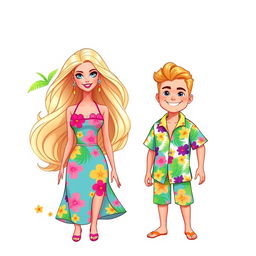 Barbie and Ken from the 2023 movie, styled as full-body illustration stickers and cake toppers with a summer tropical theme