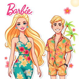 Barbie and Ken from the 2023 movie, styled as full-body illustration stickers and cake toppers with a summer tropical theme