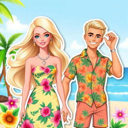 Barbie and Ken from the 2023 movie, styled as full-body illustration stickers and cake toppers with a summer tropical theme