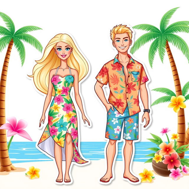 Barbie and Ken from the 2023 movie, styled as full-body illustration stickers and cake toppers with a summer tropical theme