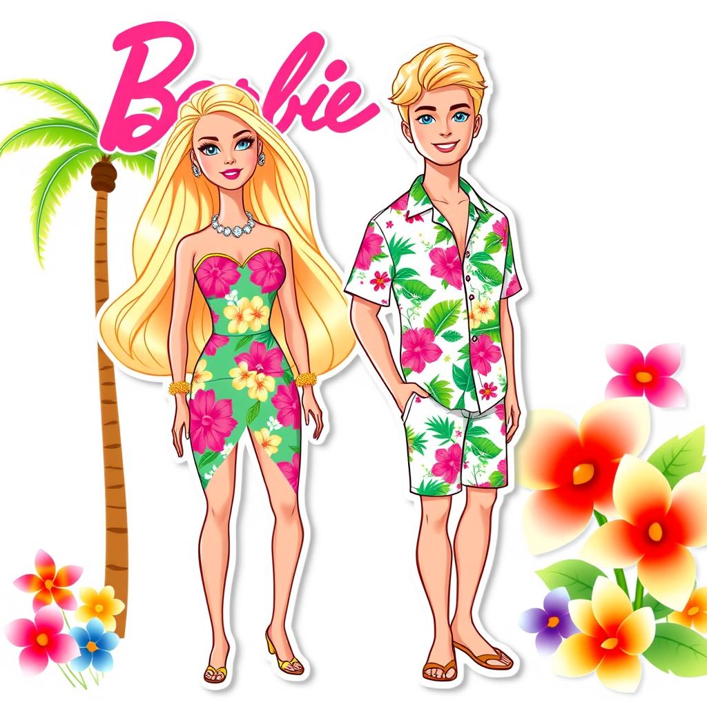 Barbie and Ken from the 2023 movie, styled as full-body, thin illustration stickers and cake toppers with a summer tropical theme