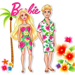 Barbie and Ken from the 2023 movie, styled as full-body, thin illustration stickers and cake toppers with a summer tropical theme