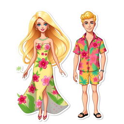 Barbie and Ken from the 2023 movie, styled as full-body, thin illustration stickers and cake toppers with a summer tropical theme