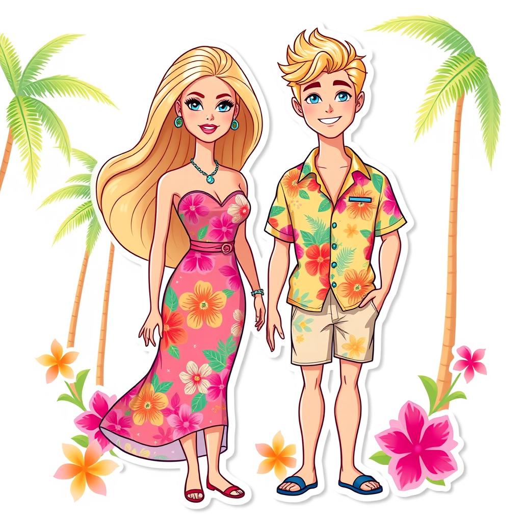 Barbie and Ken from the 2023 movie, styled as full-body, thin illustration stickers and cake toppers with a summer tropical theme