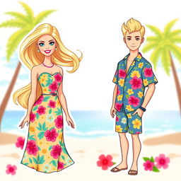 Barbie and Ken from the 2023 movie, styled as full-body, thin illustration stickers and cake toppers with a summer tropical theme