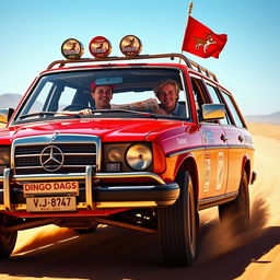 A hyper-realistic image of wild Australian outback racing featuring a 1980s red Mercedes wagon adorned with an abundance of rally stickers