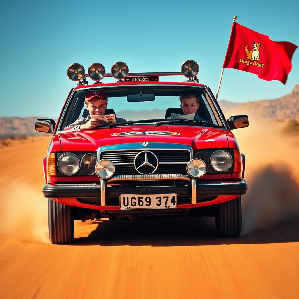 A hyper-realistic image of wild Australian outback racing featuring a 1980s red Mercedes wagon adorned with an abundance of rally stickers