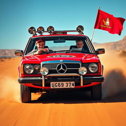 A hyper-realistic image of wild Australian outback racing featuring a 1980s red Mercedes wagon adorned with an abundance of rally stickers