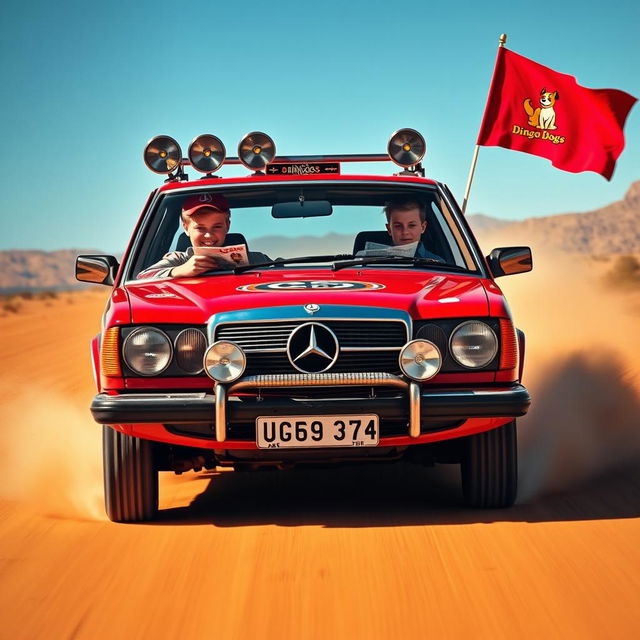 A hyper-realistic image of wild Australian outback racing featuring a 1980s red Mercedes wagon adorned with an abundance of rally stickers