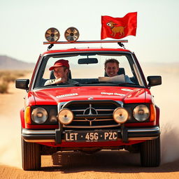 A hyper-realistic image of wild Australian outback racing featuring a 1980s red Mercedes wagon adorned with an abundance of rally stickers