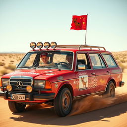 A hyper-realistic image of wild Australian outback racing featuring a 1980s red Mercedes wagon adorned with an abundance of rally stickers