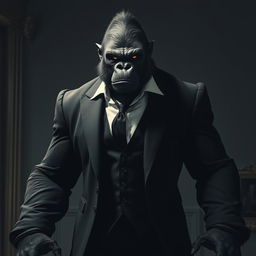 A powerful gorilla demon, with menacing yet intriguing features, donning a tailored black suit