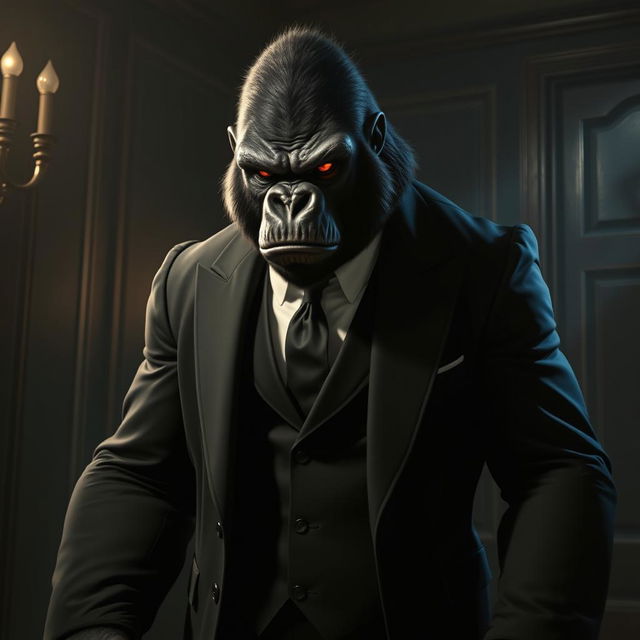 A powerful gorilla demon, with menacing yet intriguing features, donning a tailored black suit