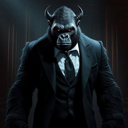 A powerful gorilla demon, with menacing yet intriguing features, donning a tailored black suit